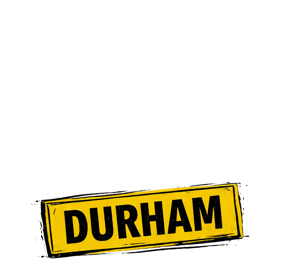 Yellow tilted sign reading &ldquo;DURHAM&rdquo; in bold black letters on a white background