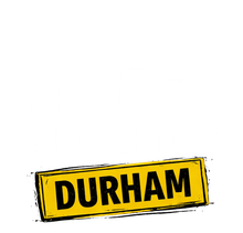 Yellow tilted sign reading “DURHAM” in bold black letters on a white background