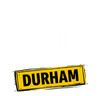 Yellow tilted sign reading &ldquo;DURHAM&rdquo; in bold black letters on a white background