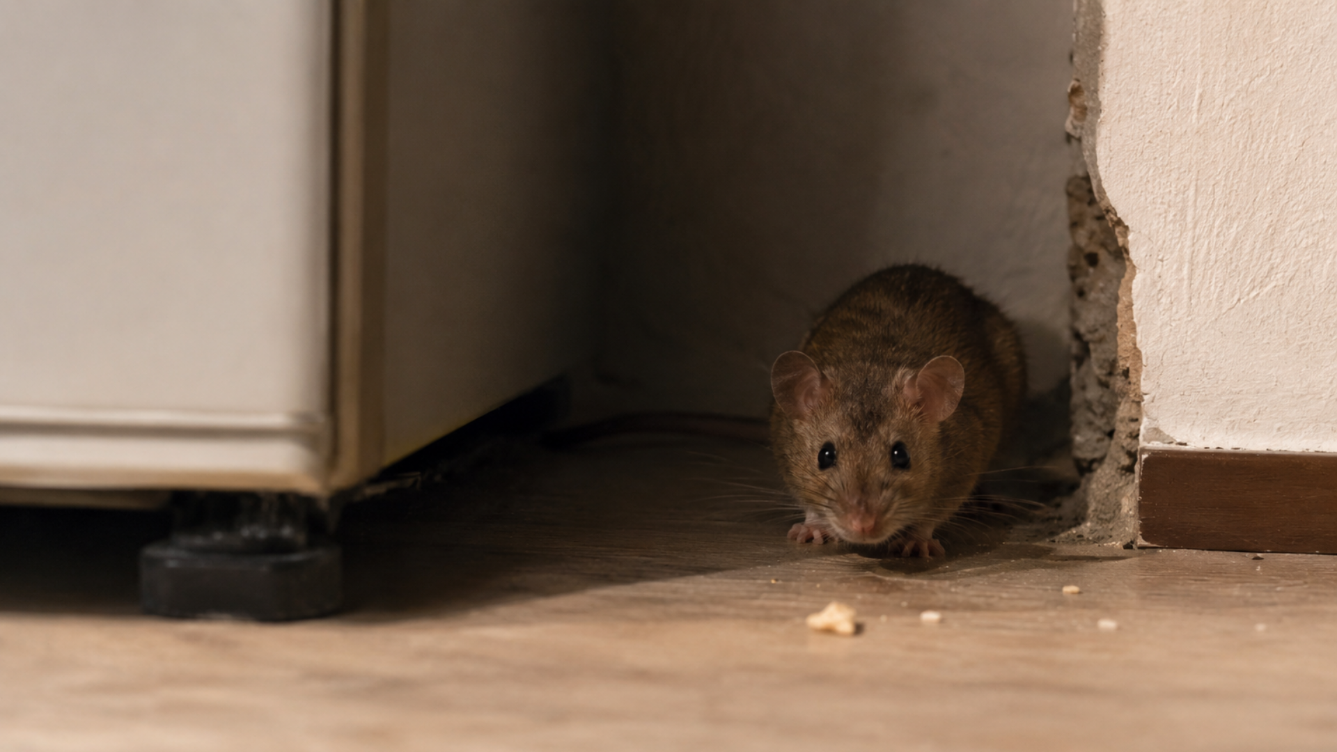 Small brown mouse peeking out from a wall opening onto a kitchen floor.