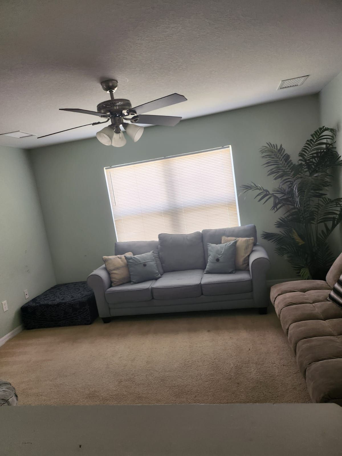 A living room with a couch , chairs , and a ceiling fan.