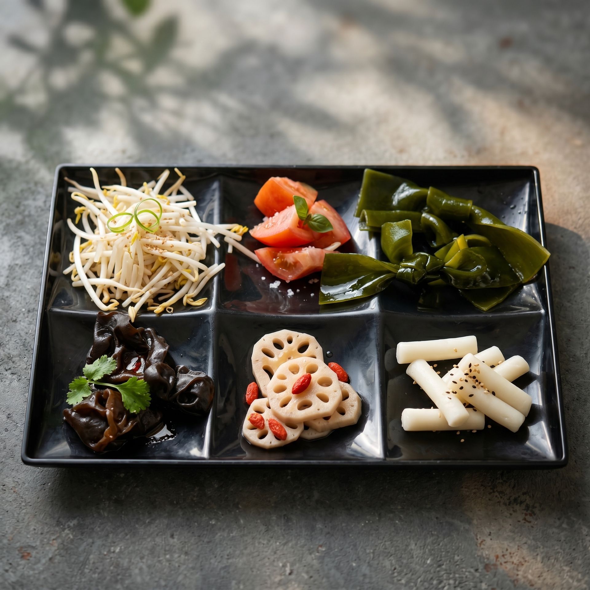 Assorted Japanese bento side dishes arranged in six compartments on a black tray.