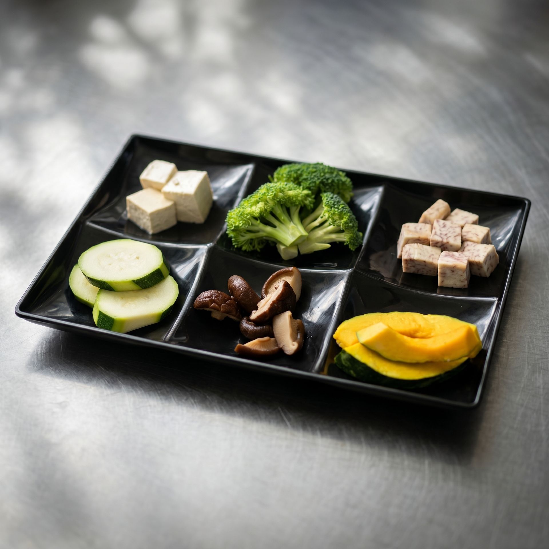 Black tray with assorted vegetables: tofu cubes, broccoli, zucchini, mushrooms, and yellow squash.