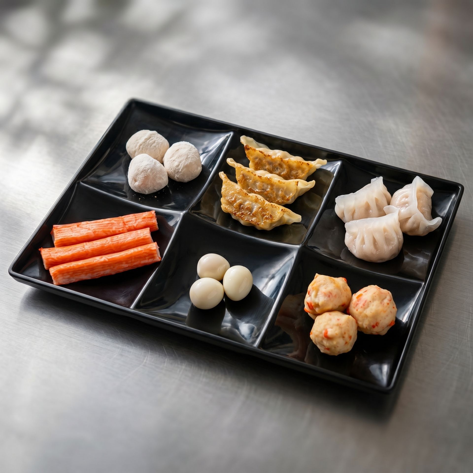 Assorted dim sum and dumplings arranged in compartments on a black tray, on a gray tabletop.