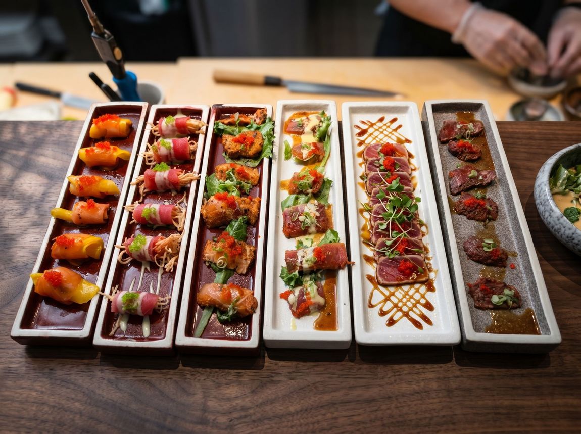 Assorted colorful sushi rolls and skewers arranged on long rectangular plates at a restaurant table