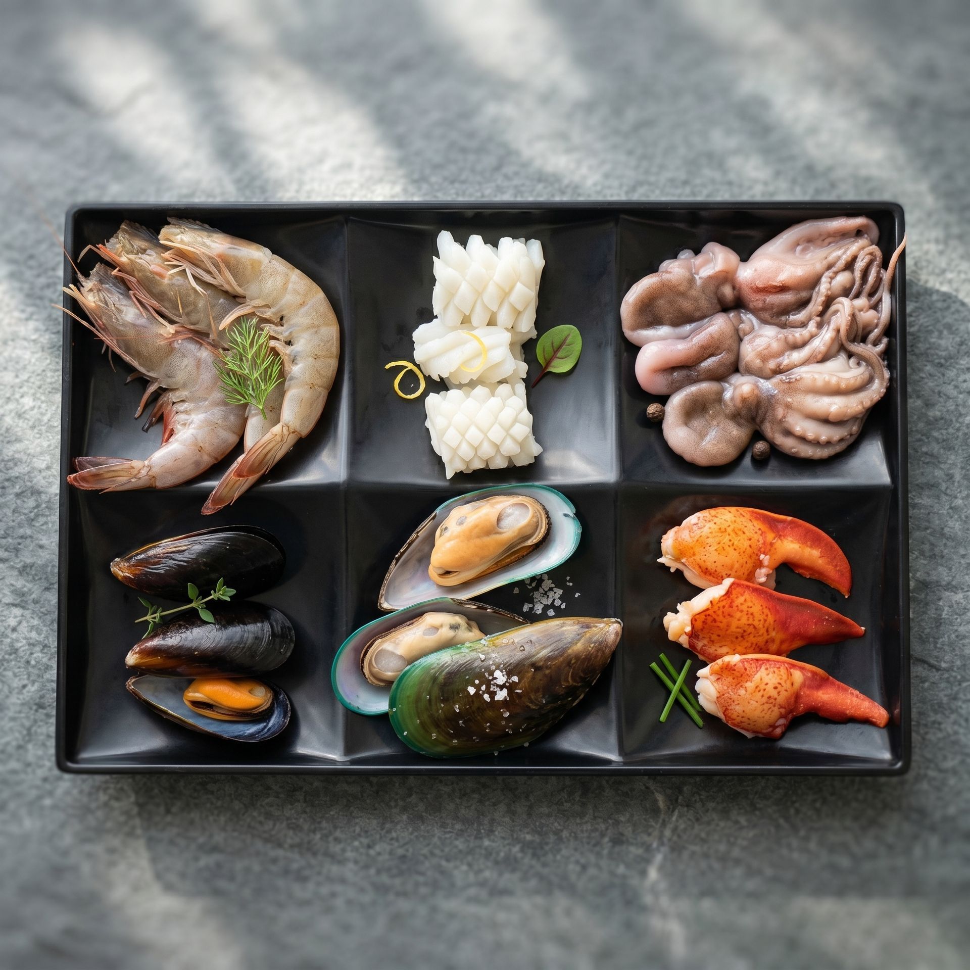 Assorted seafood platter with shrimp, squid, mussels, octopus, and shellfish on a black tray