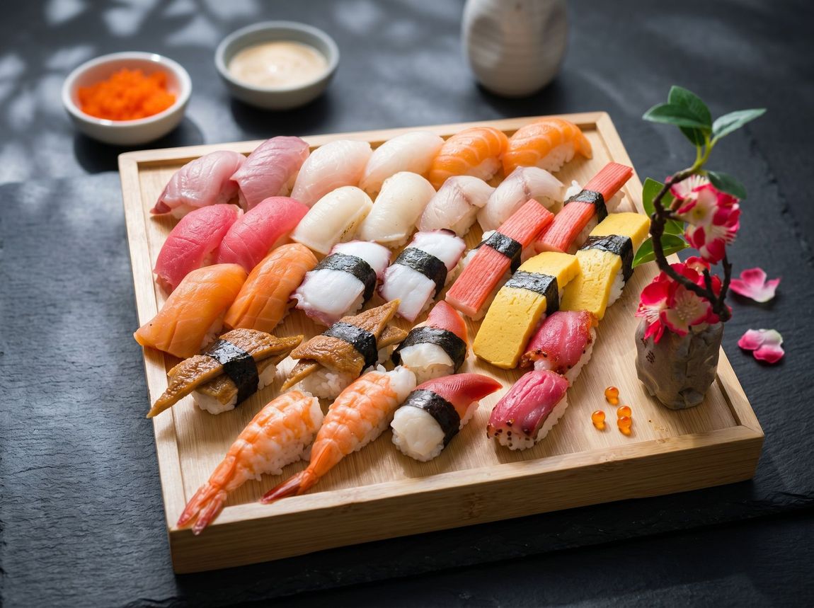 Assorted colorful sushi nigiri on a wooden tray with dipping sauces and flowers