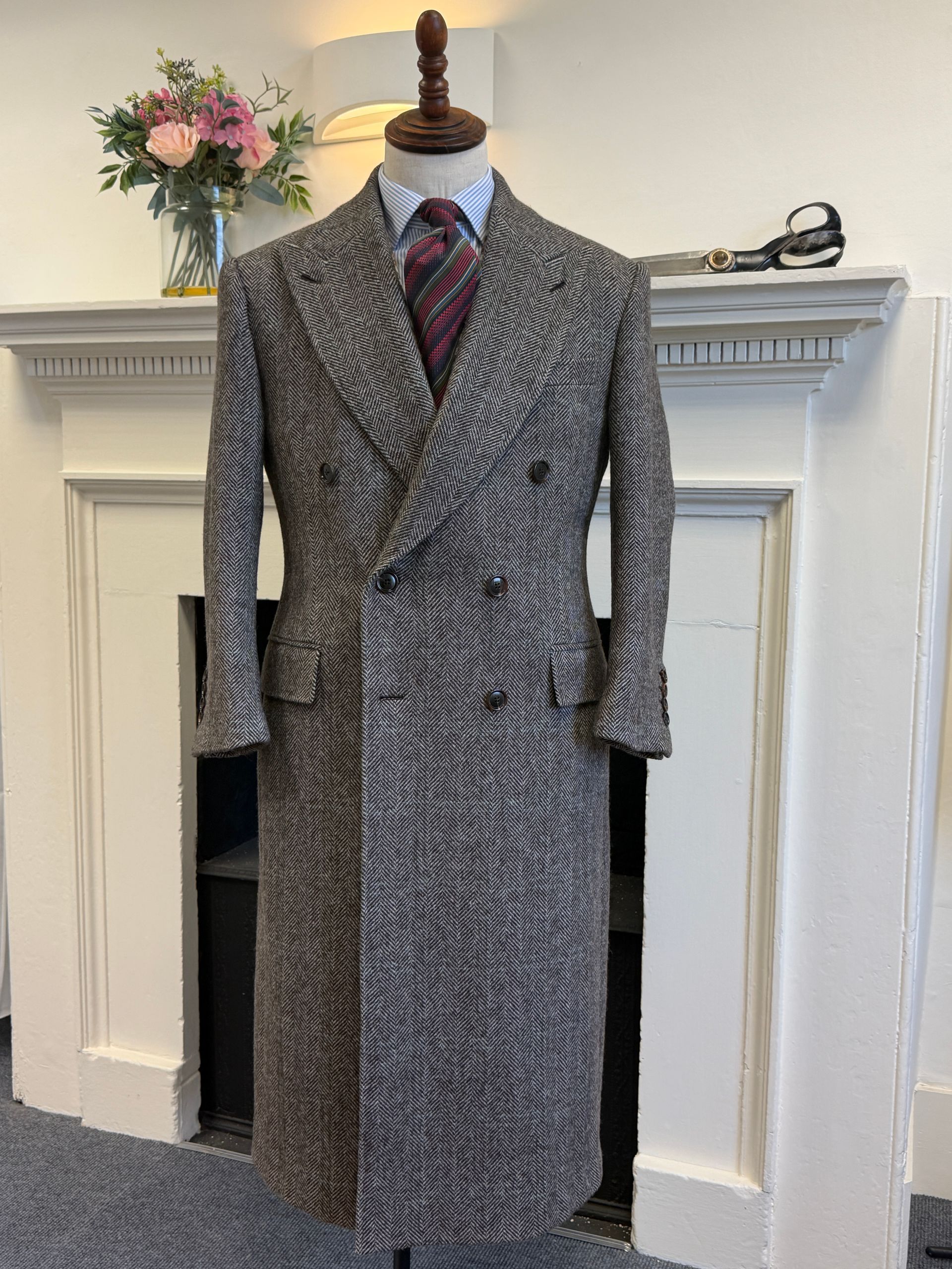 Grey Herringbone Double Breasted Coat in Edward George Tailoring Cotswold studio