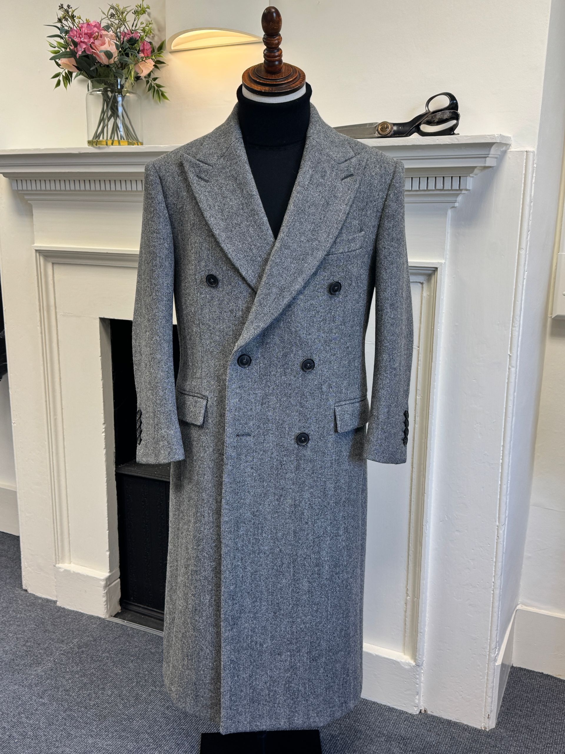 Grey Herringbone Double Breasted Coat in Edward George Tailoring Cotswold studio