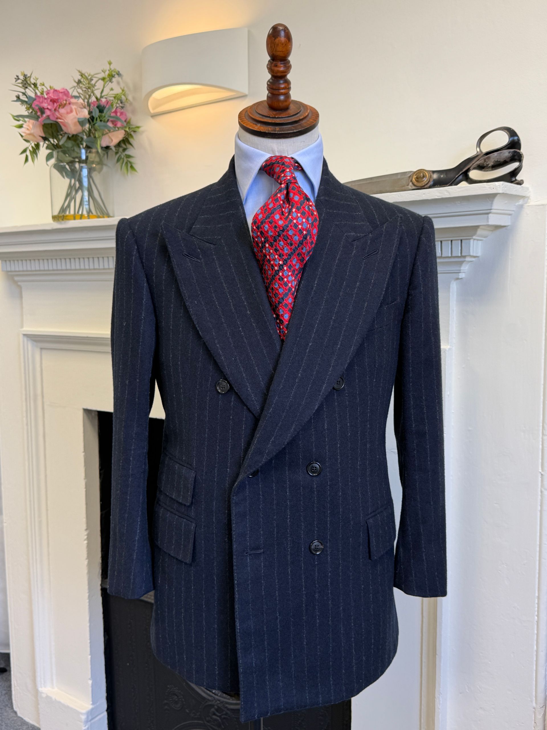 Double breasted made-to-measure dark navy blue flannel chalk stripe suit