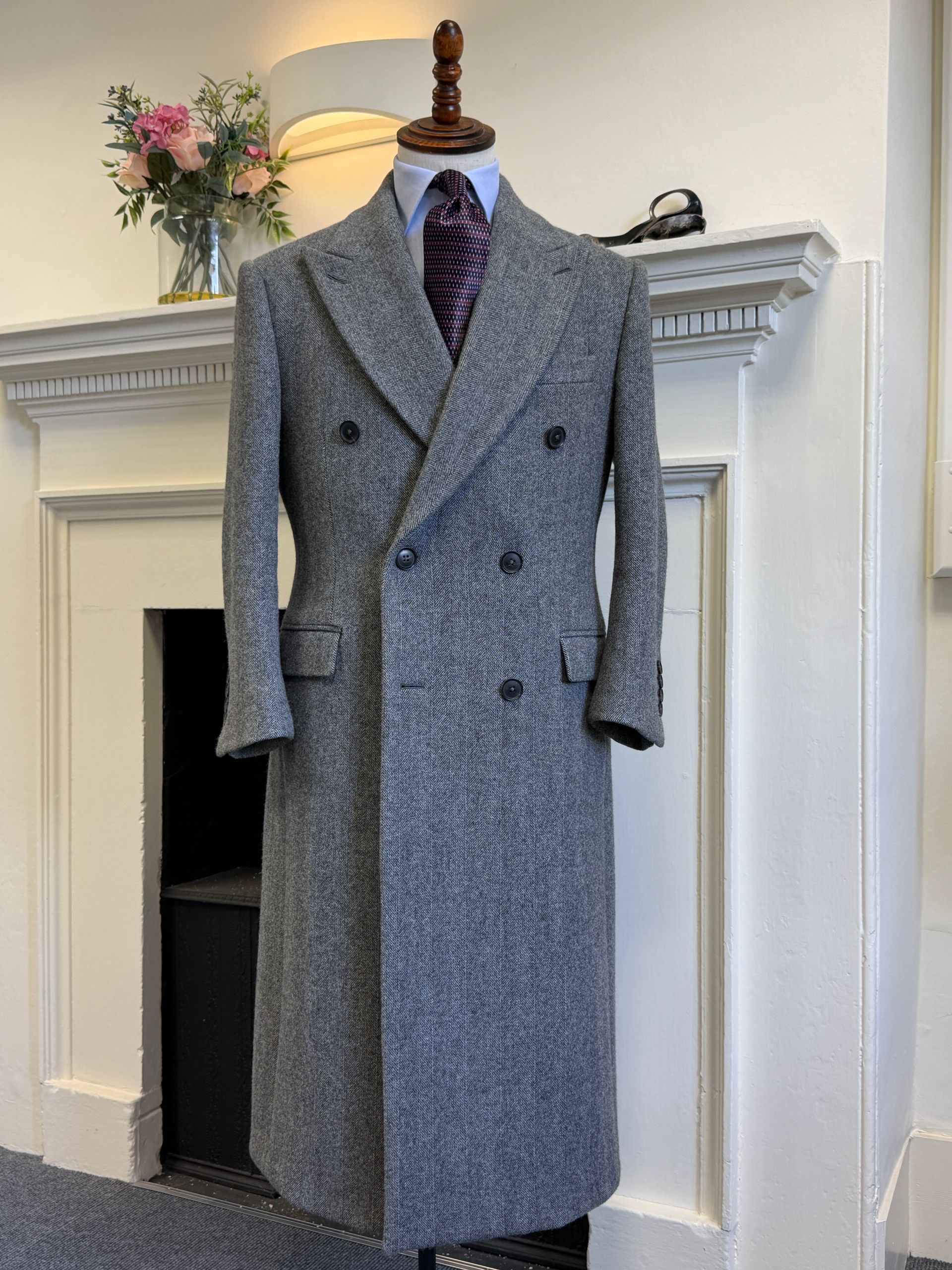Grey Herringbone Double Breasted Coat in Edward George Tailoring Cotswold studio