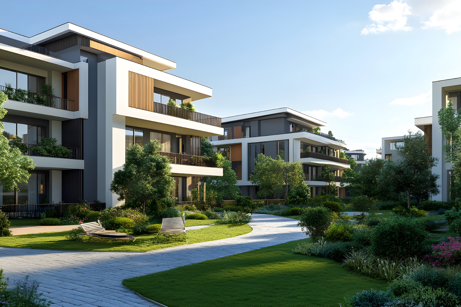 Modern, multi-story apartment buildings surrounded by landscaped green lawns and a paved walkway on a sunny day.