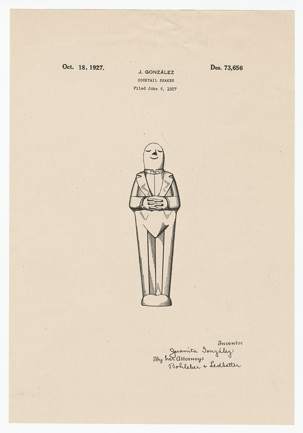 Patent drawing of a stylized figure in a suit, hands clasped, inscribed with patent info.