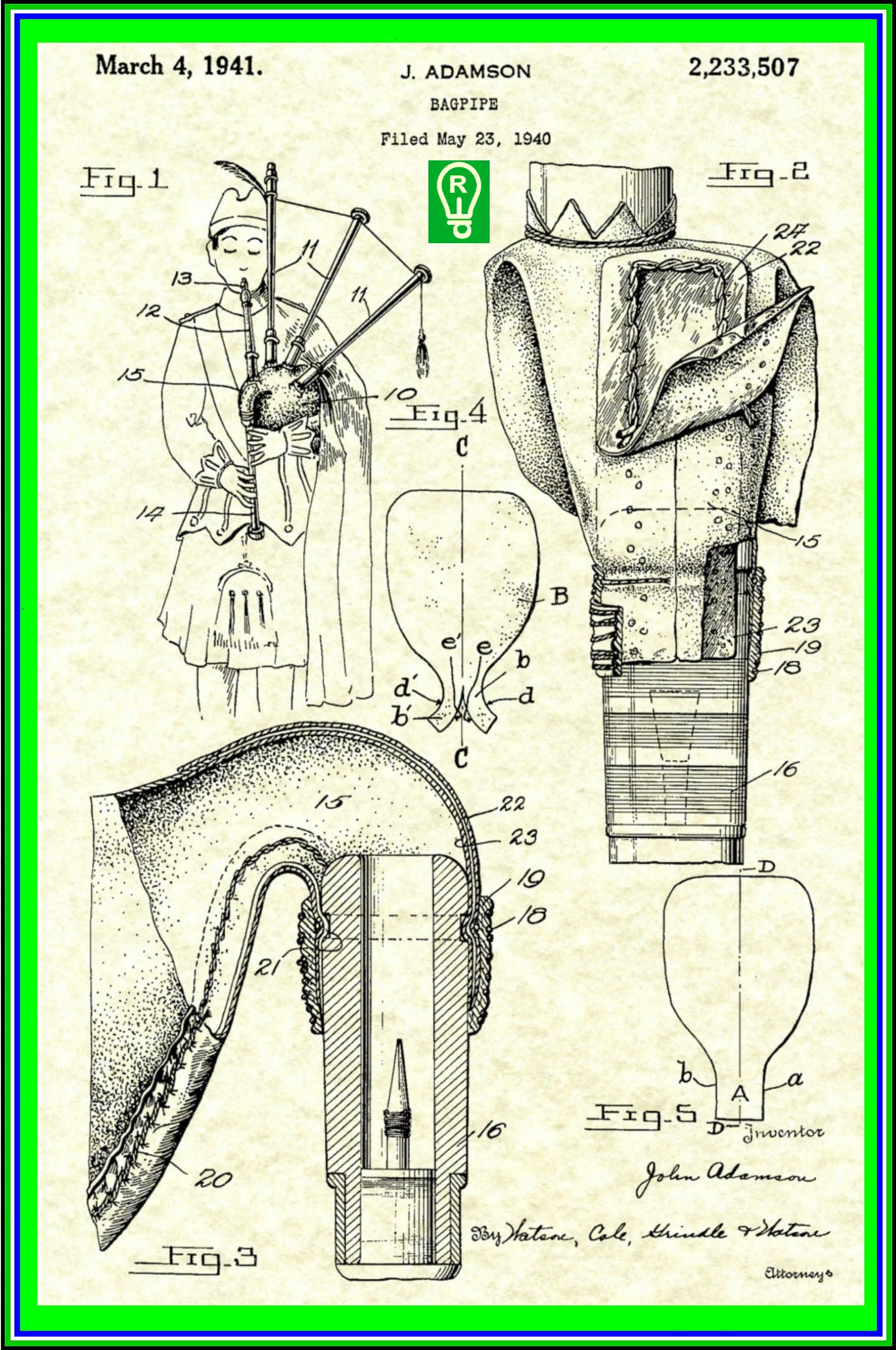 Patent drawing of a mechanical bagpipe, showcasing parts, including a bellows, pipes, and a player figure.