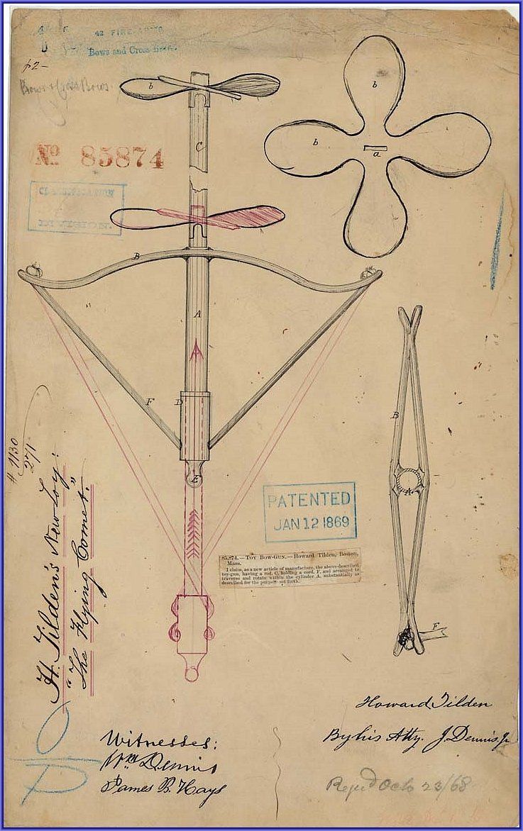 Patent drawing of a flying machine with central structure, blades, and supporting framework, featuring a four-leafed propeller design.