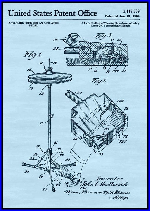Patent drawing of a high-hat cymbal stand, designed by John L. Hoellrich.