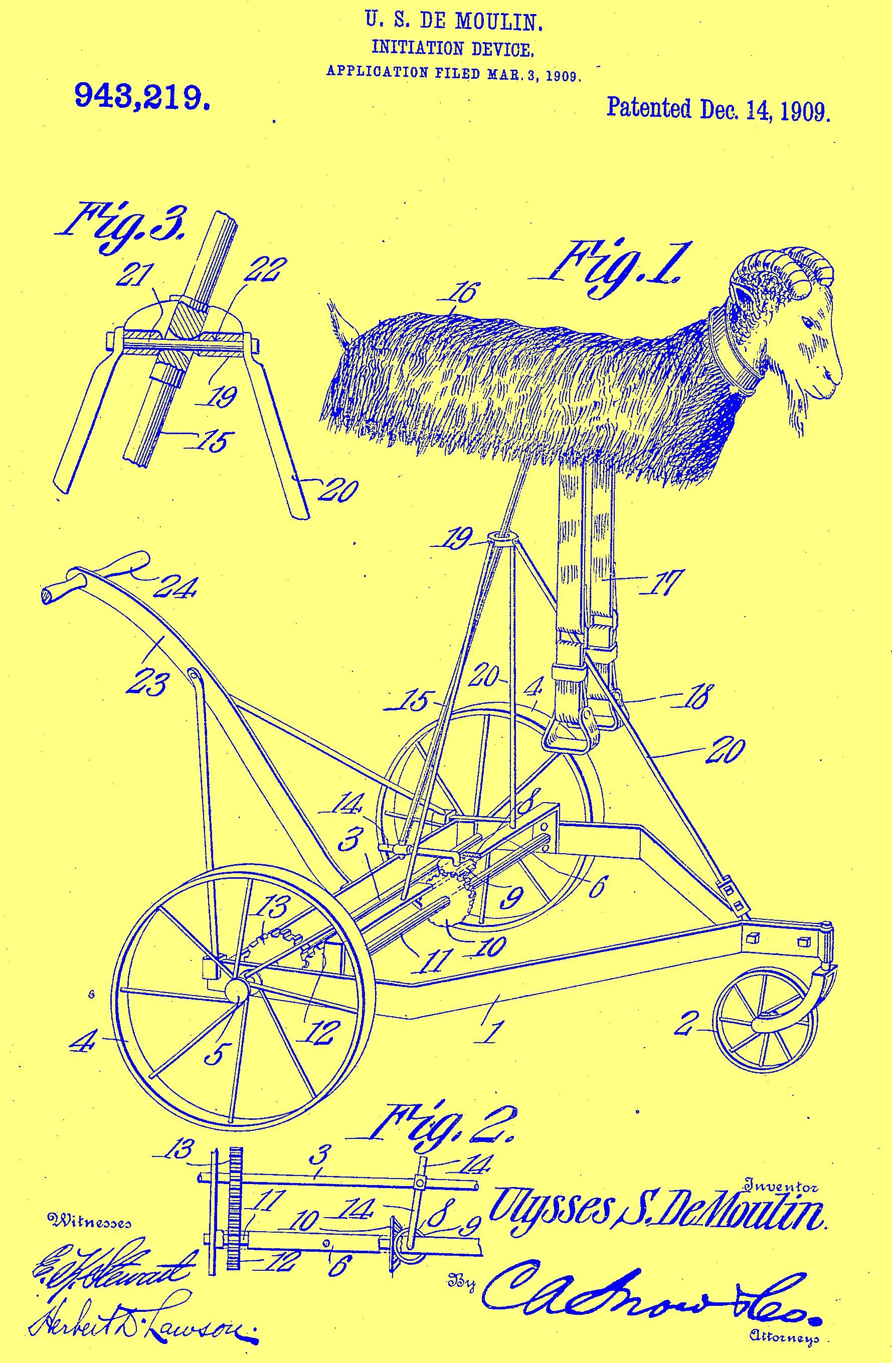 Patent diagram of a wheeled goat-shaped riding toy. Blue lines on a yellow background.