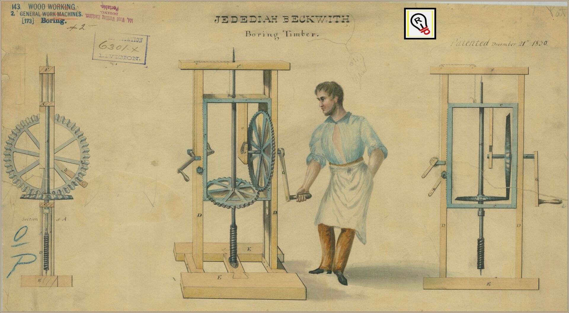 Blueprint of a man operating a machine, wooden frame, with gears, and a chain.