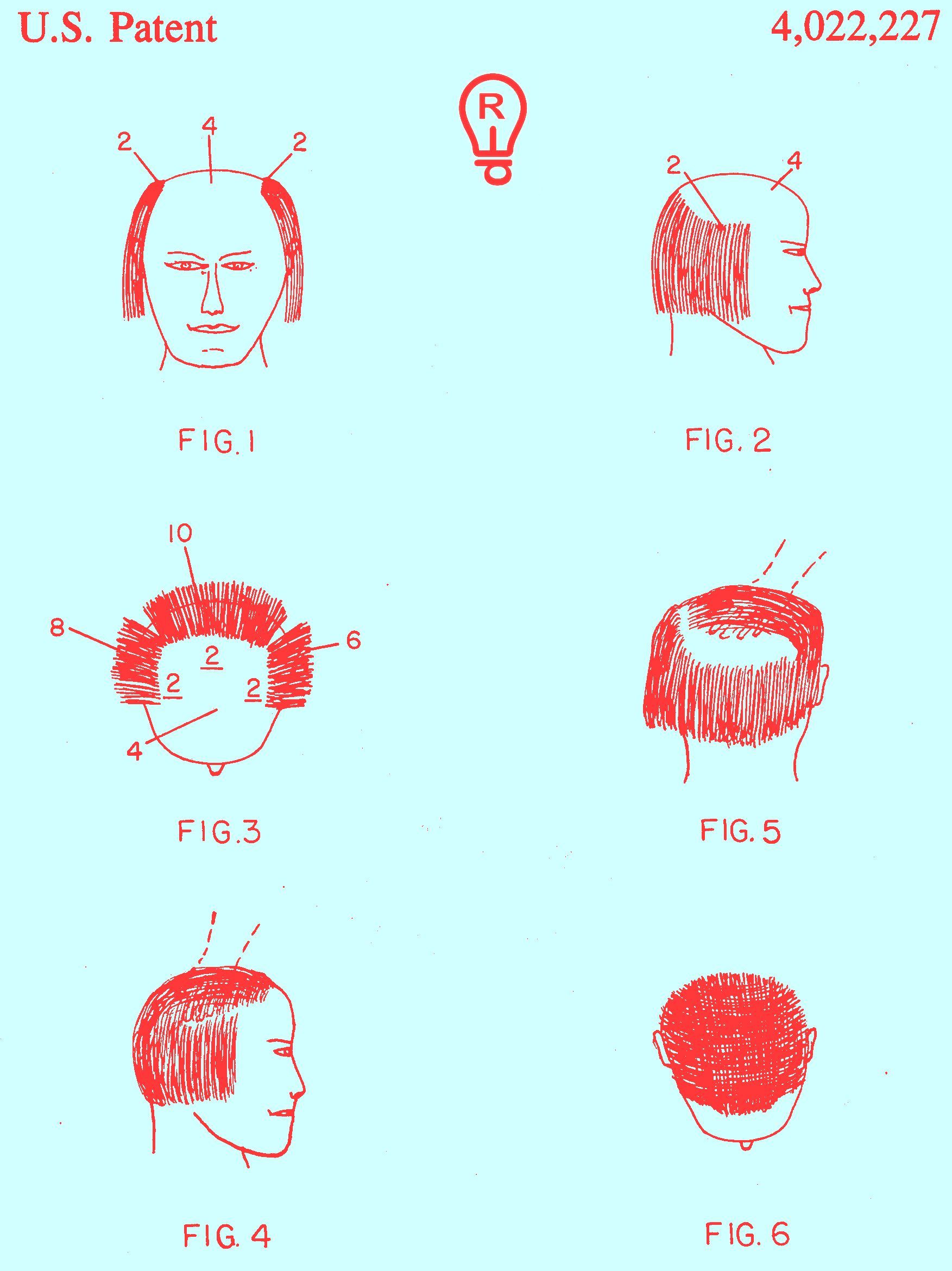 Patent diagram of a hairstyle, showing different views of a person's head with numbered cutting sections.