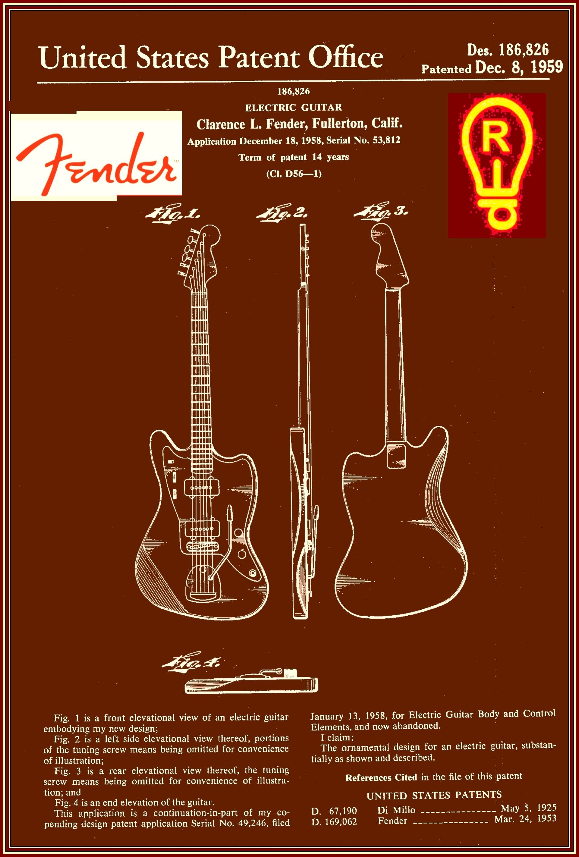 Patent document for a Fender guitar design, featuring line drawings and the Fender logo, on a dark brown background.