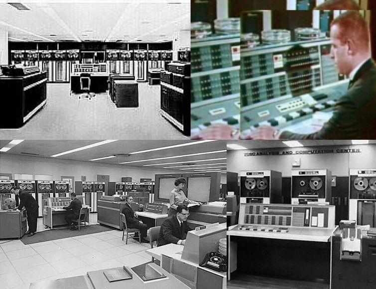 Vintage computer rooms with large mainframe systems and operators.