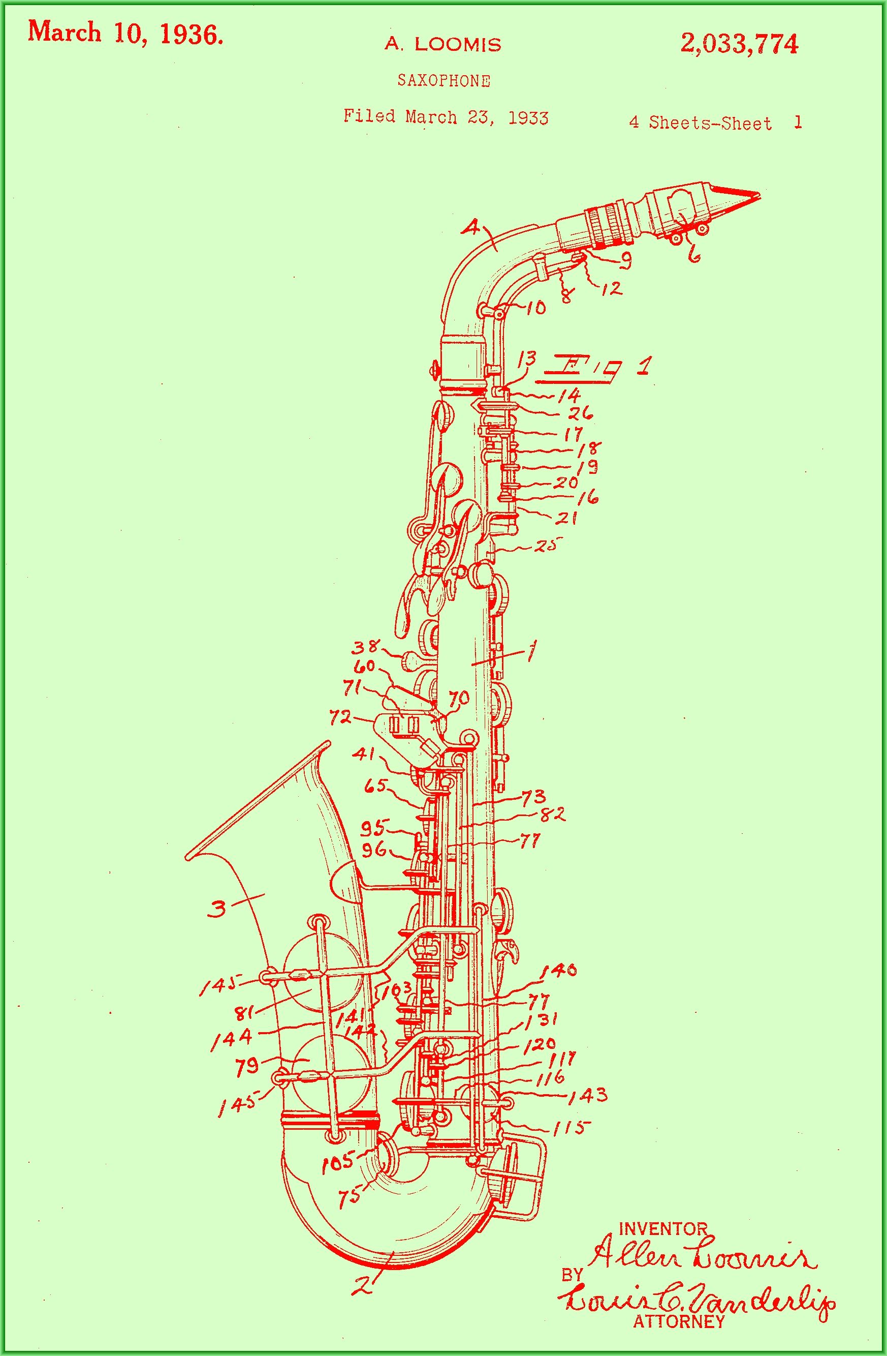 Patent diagram of a saxophone, red lines on a light green background.