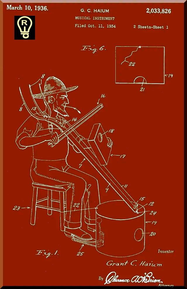 Patent drawing of a musician playing a novel musical instrument. Red-orange background with gold line art.