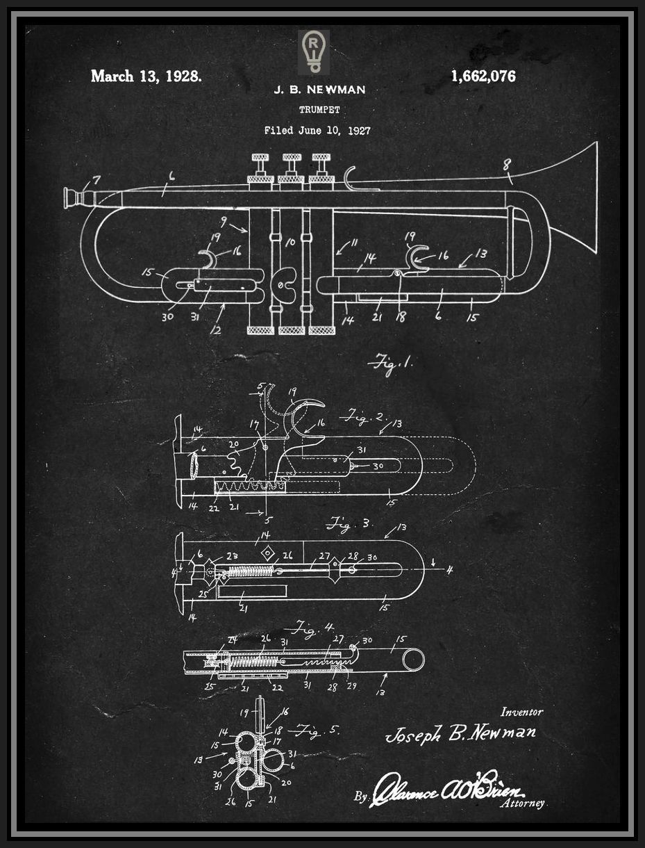 Patent drawing of a trumpet in white lines on a black background, with labels and signatures.