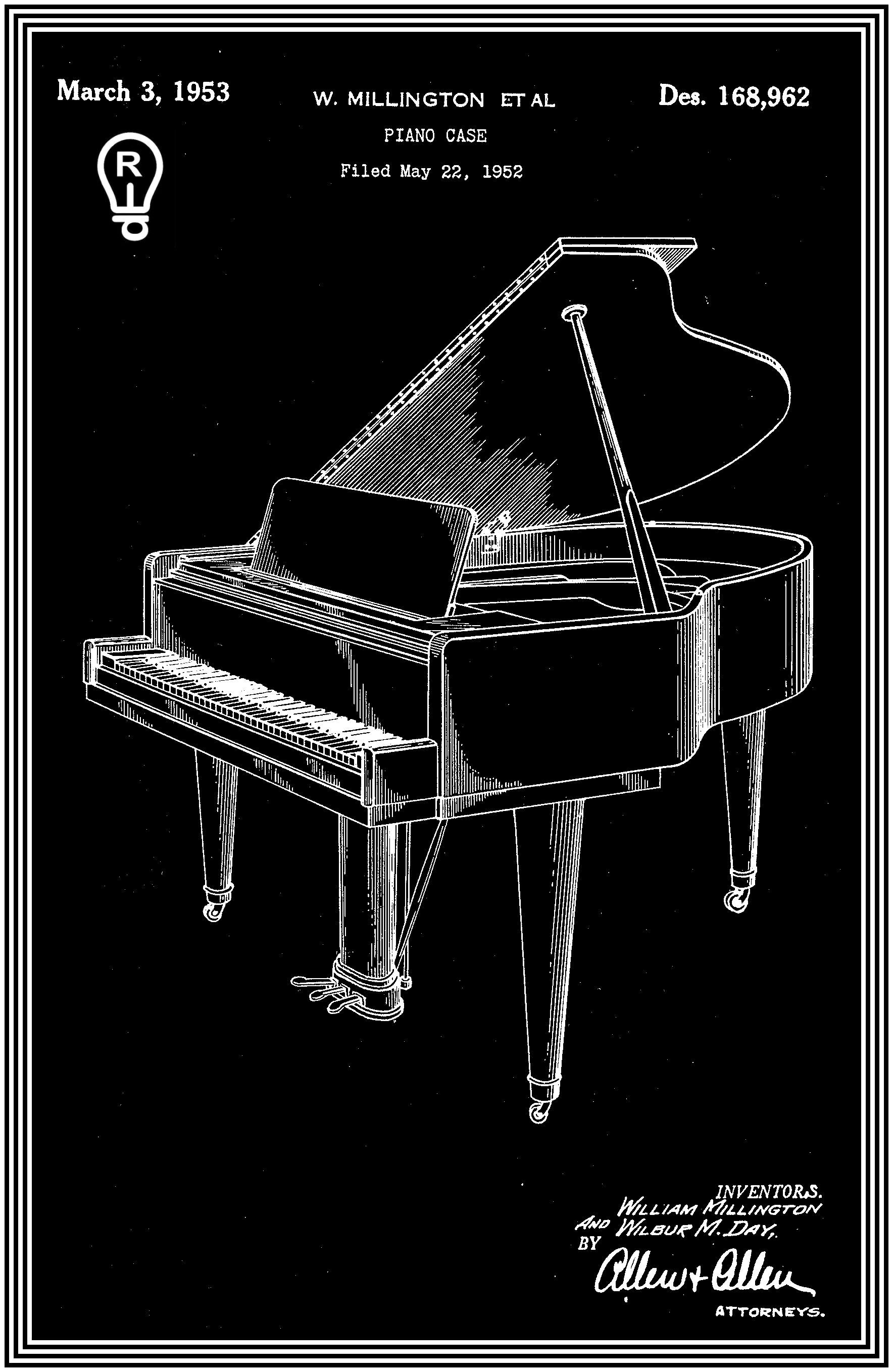 Black and white patent drawing of a grand piano. Dated March 2, 1953, and signed by designer.