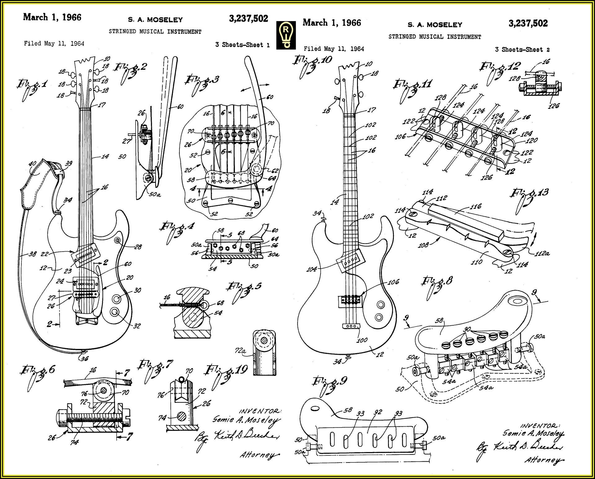 Patent diagrams of electric guitars.