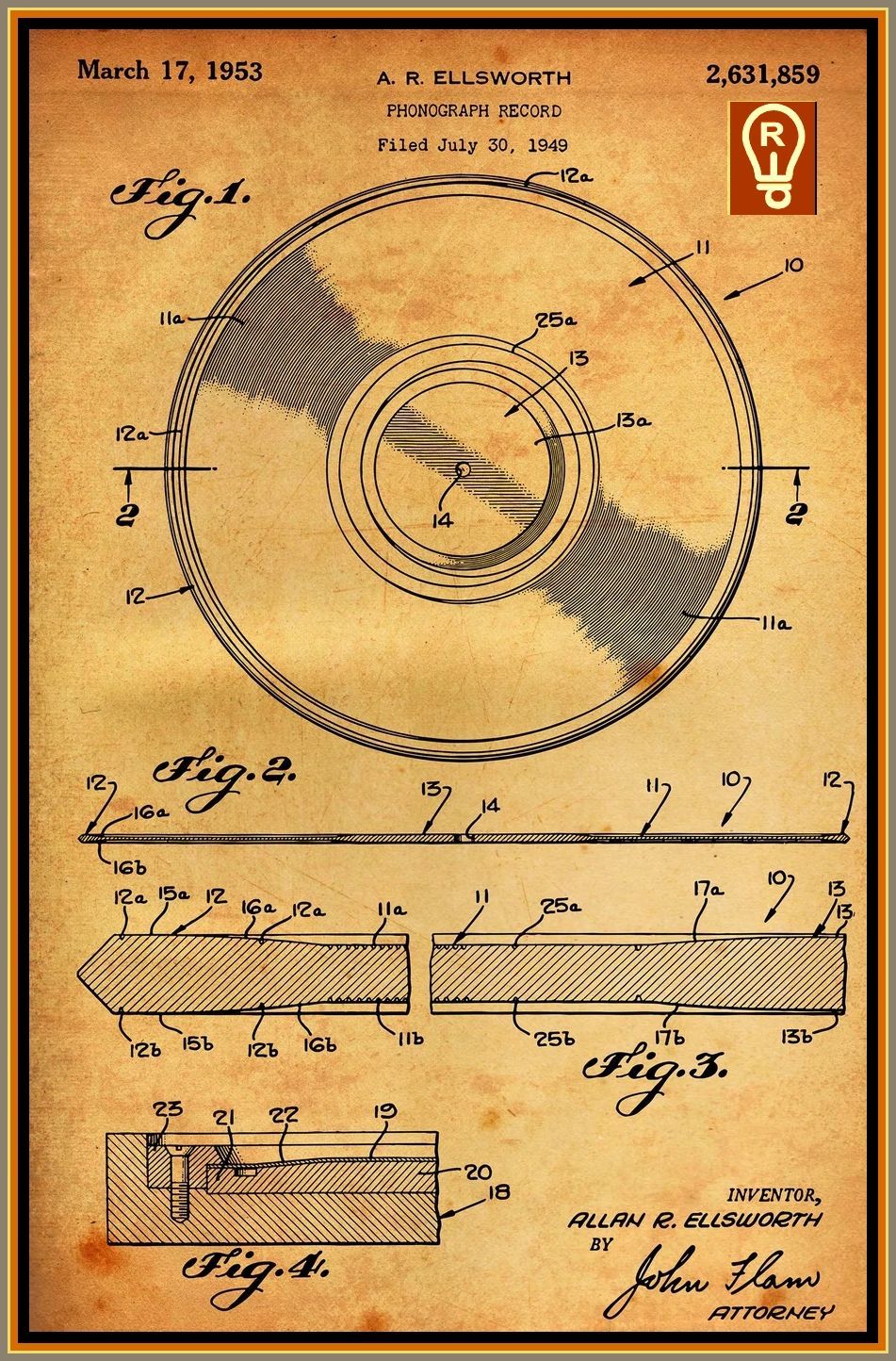 Patent drawing of a phonograph record with detailed diagrams.