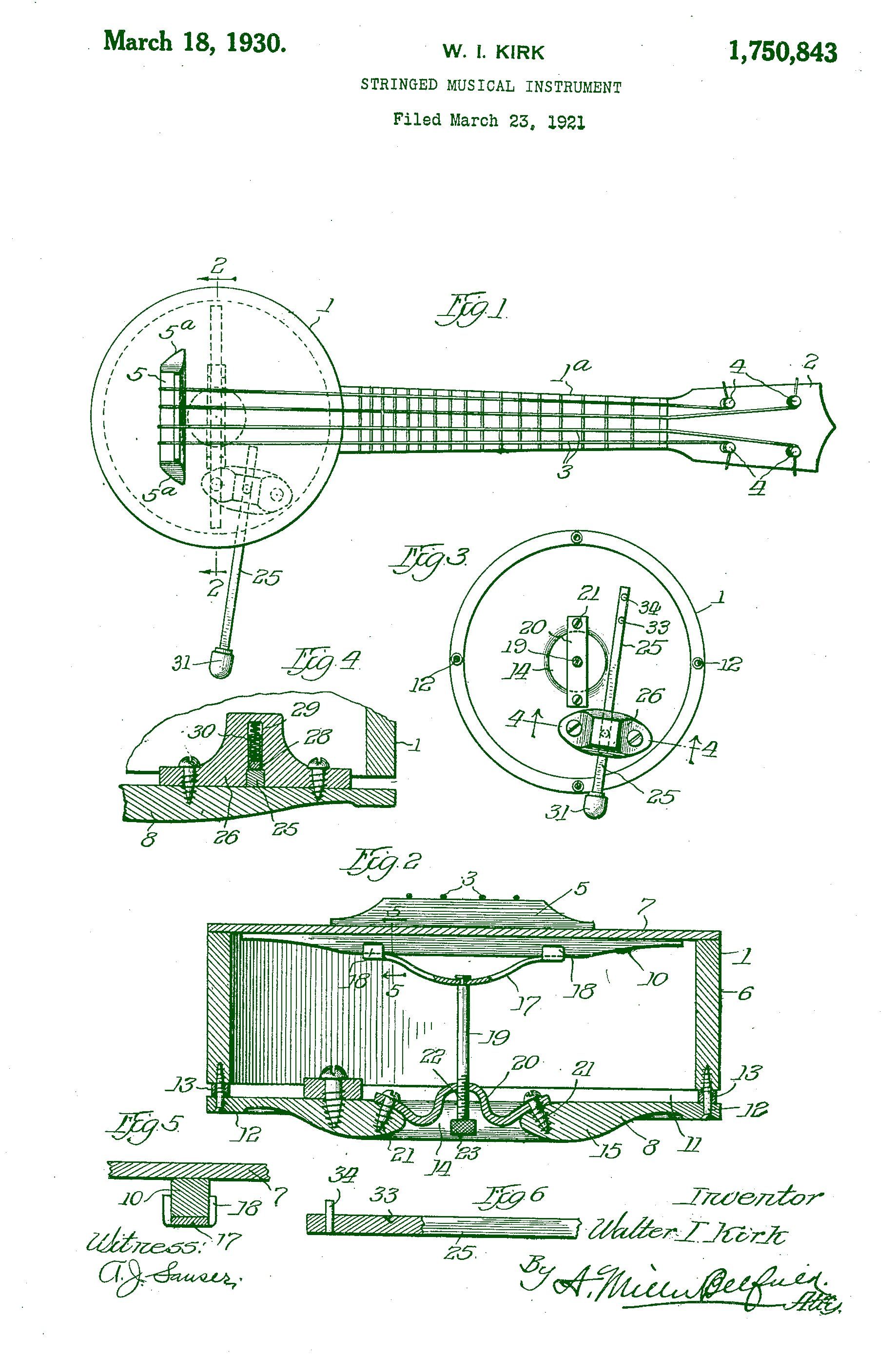 Patent drawing of a banjo with detailed diagrams of its construction.