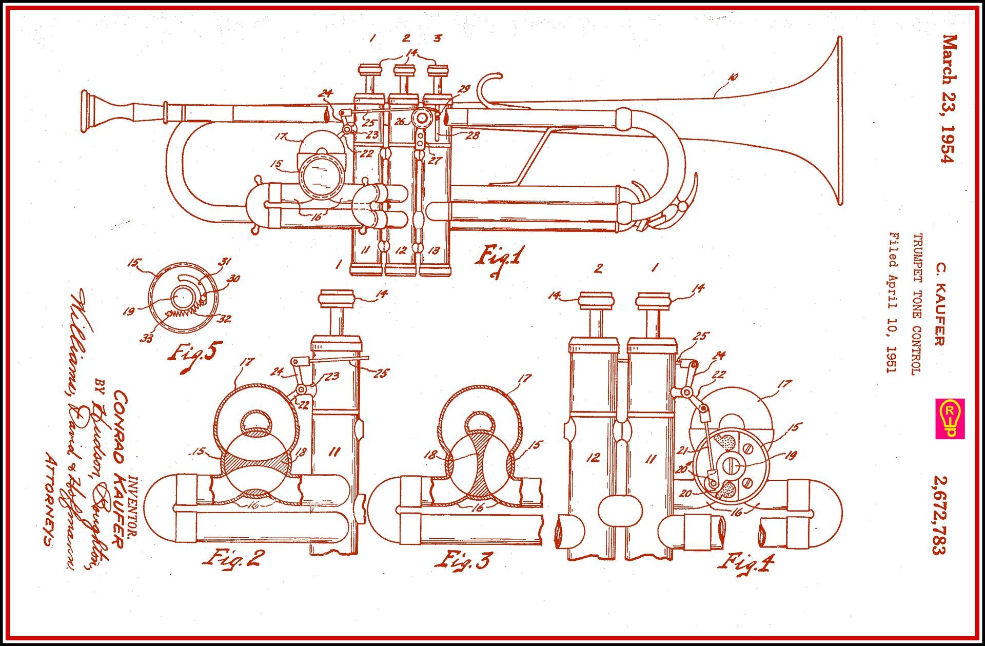 Patent drawing of a trumpet with detailed mechanical diagrams and parts.