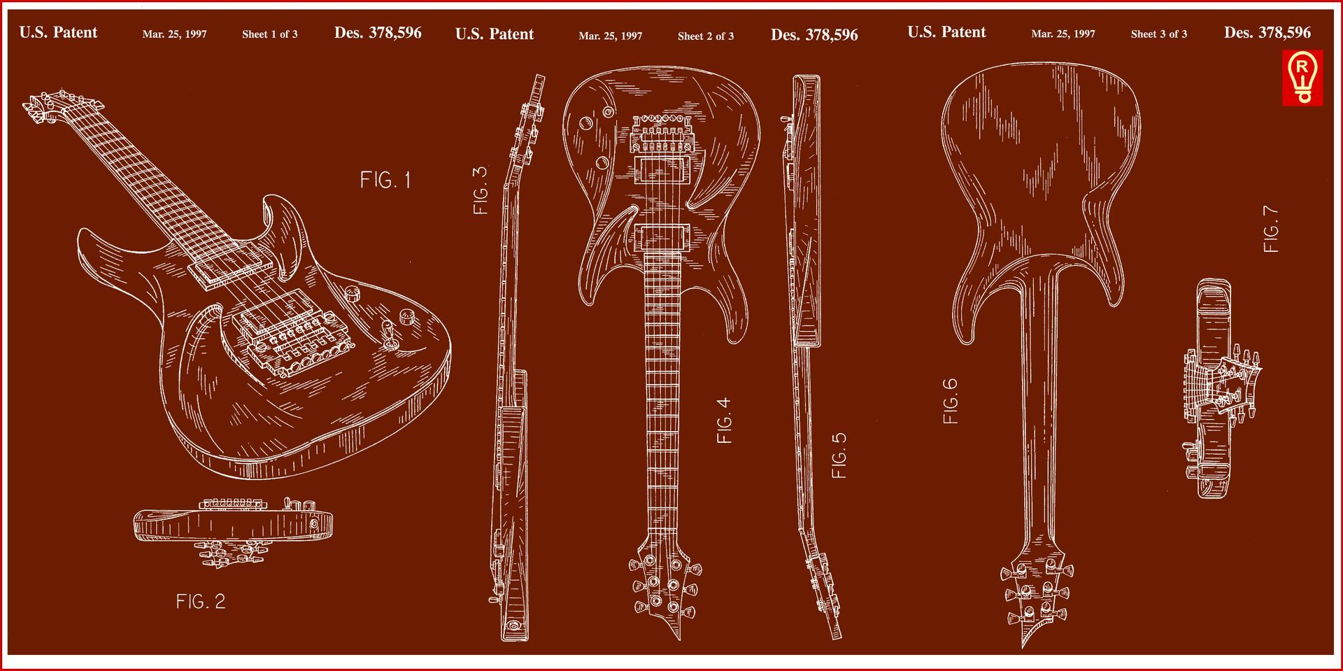 Blueprint of an electric guitar, in multiple views, on a brown background.