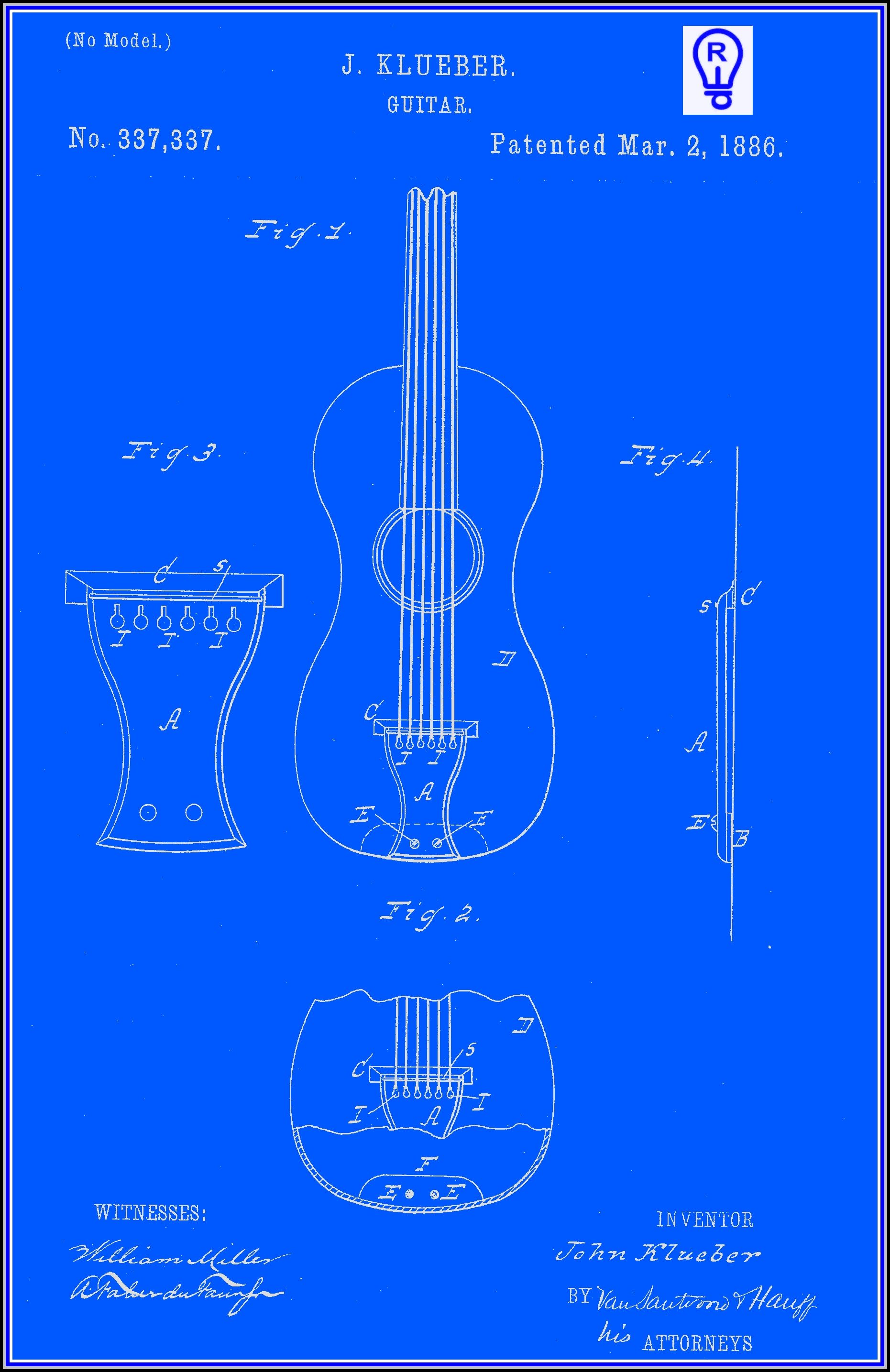 Blueprint of a guitar, white lines on blue background, including different views and details.