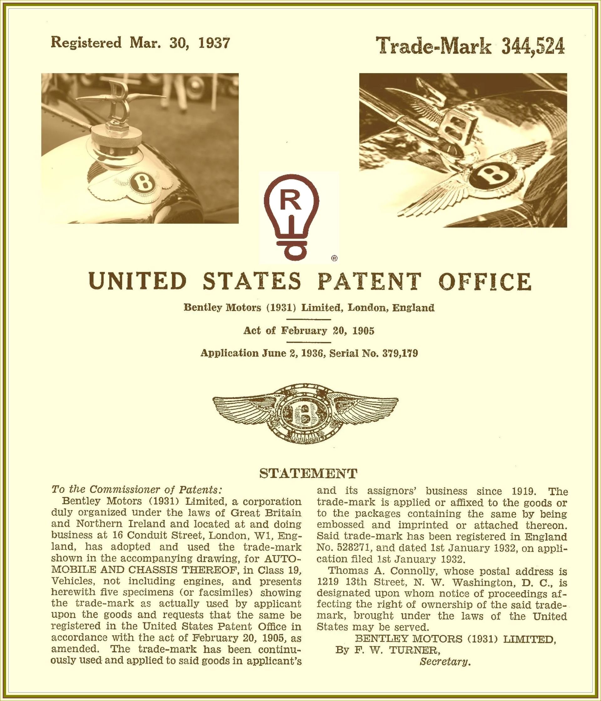United States Patent Office document, including logo with 
