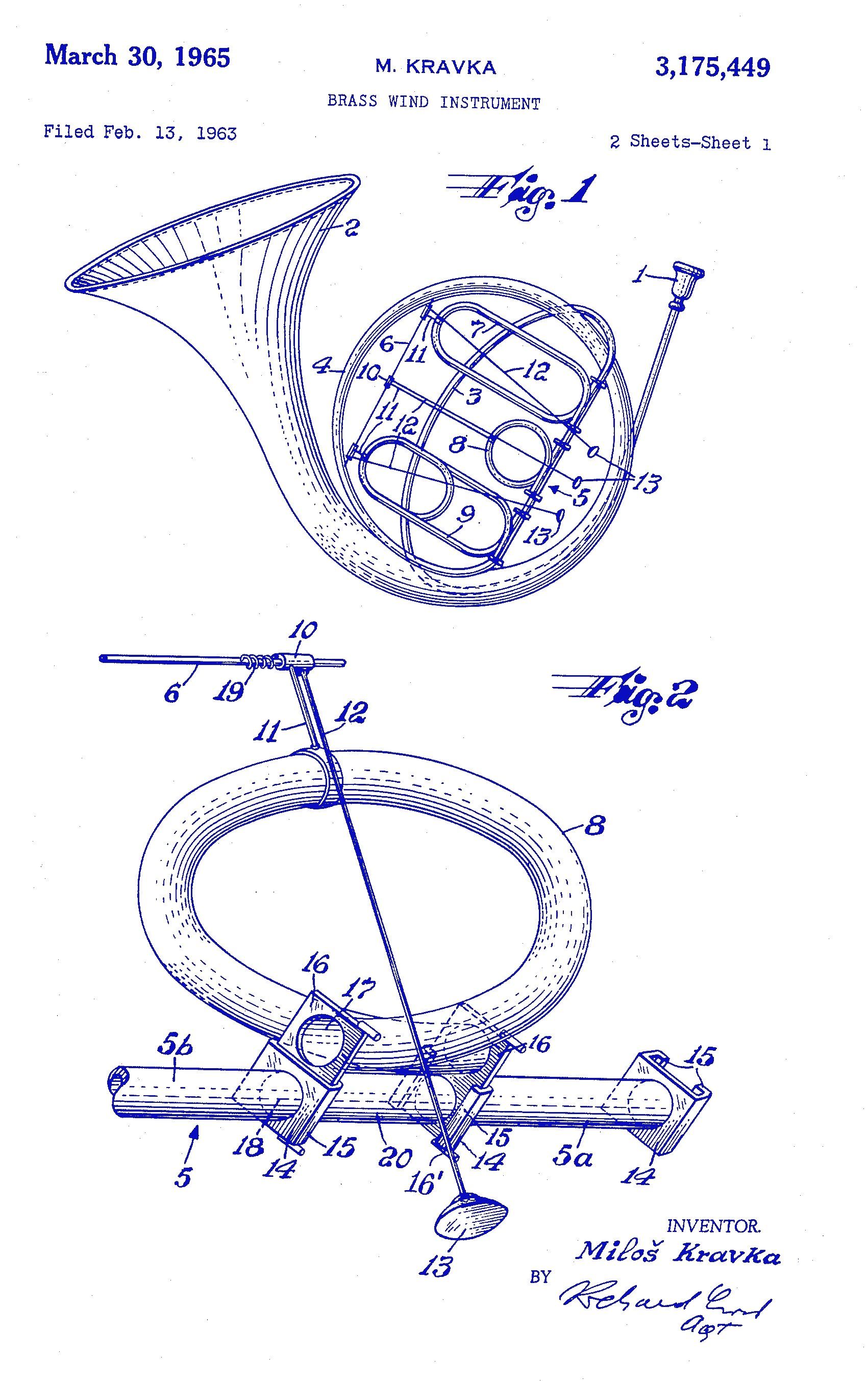 Patent illustration of a French horn, showing its design with curved tubing and bell.