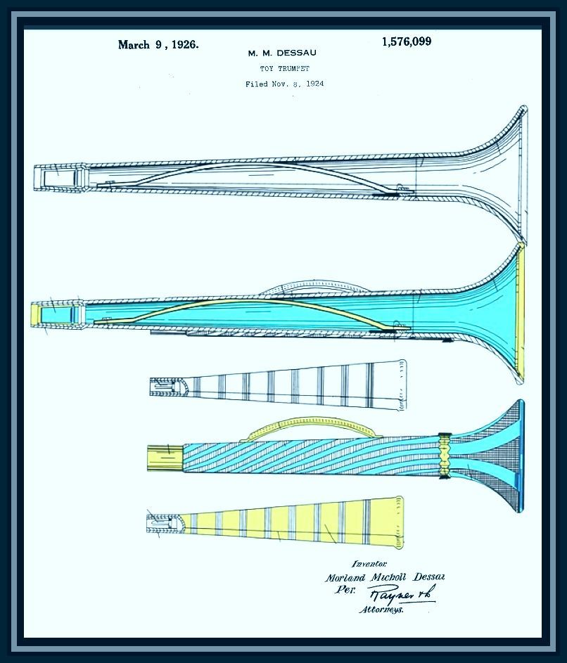 Patent illustration of a trumpet showing various views in blue, yellow, and gray.