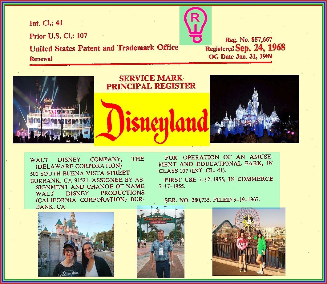 Trademark registration document for Disneyland, featuring photos of the park and the Disneyland logo.