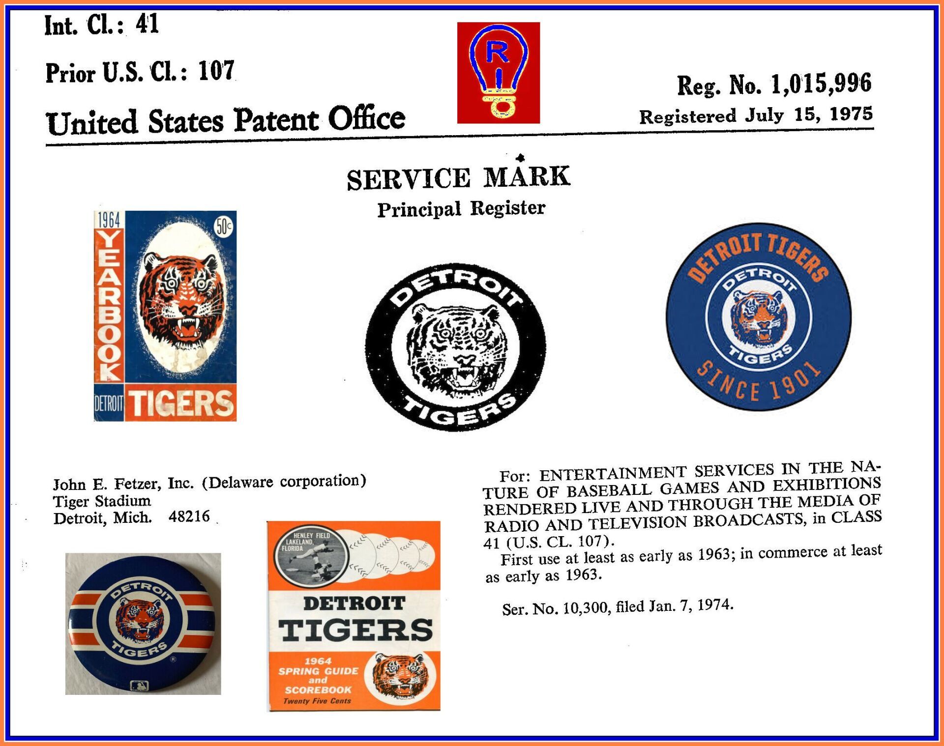 Patent registration document for Detroit Tigers logos, featuring several different designs.