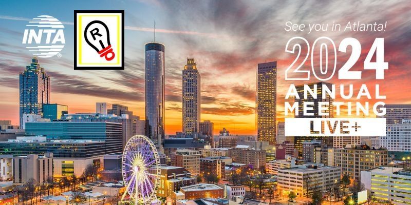 Atlanta skyline at sunset with text: INTA 2024 Annual Meeting LIVE+. Logo with lightbulb.