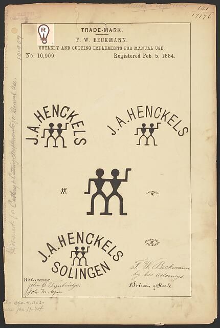 Trade mark registration with J.A. Henckels logo.  Includes variations of the twin figures logo and text.