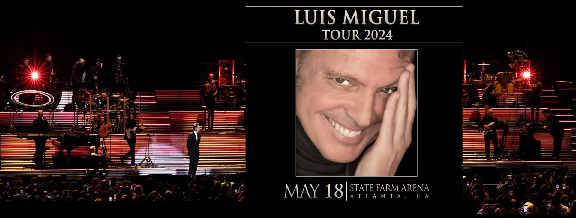 Luis Miguel Tour 2024 concert. May 18, Steve Hilton Theater, El Paso, TX. Smiling face of Luis Miguel. Stage with audience.