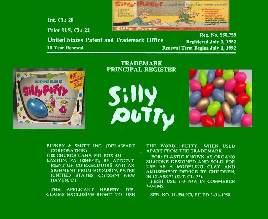 Trademark registration of Silly Putty; a box with an egg, a pile of colorful eggs, green background.
