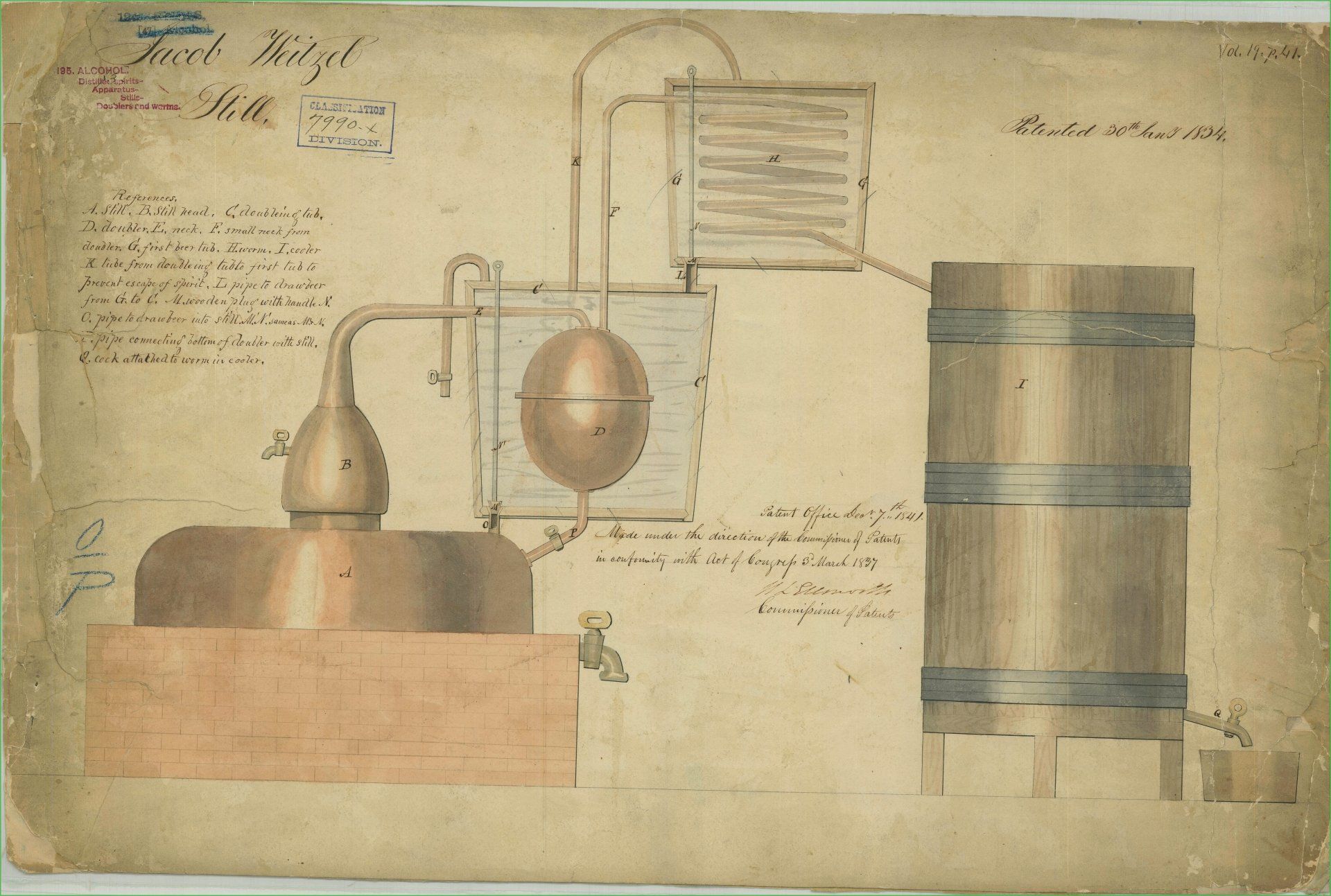 Watercolor diagram of an early still, showing copper pot, condenser coil, and wooden barrel.