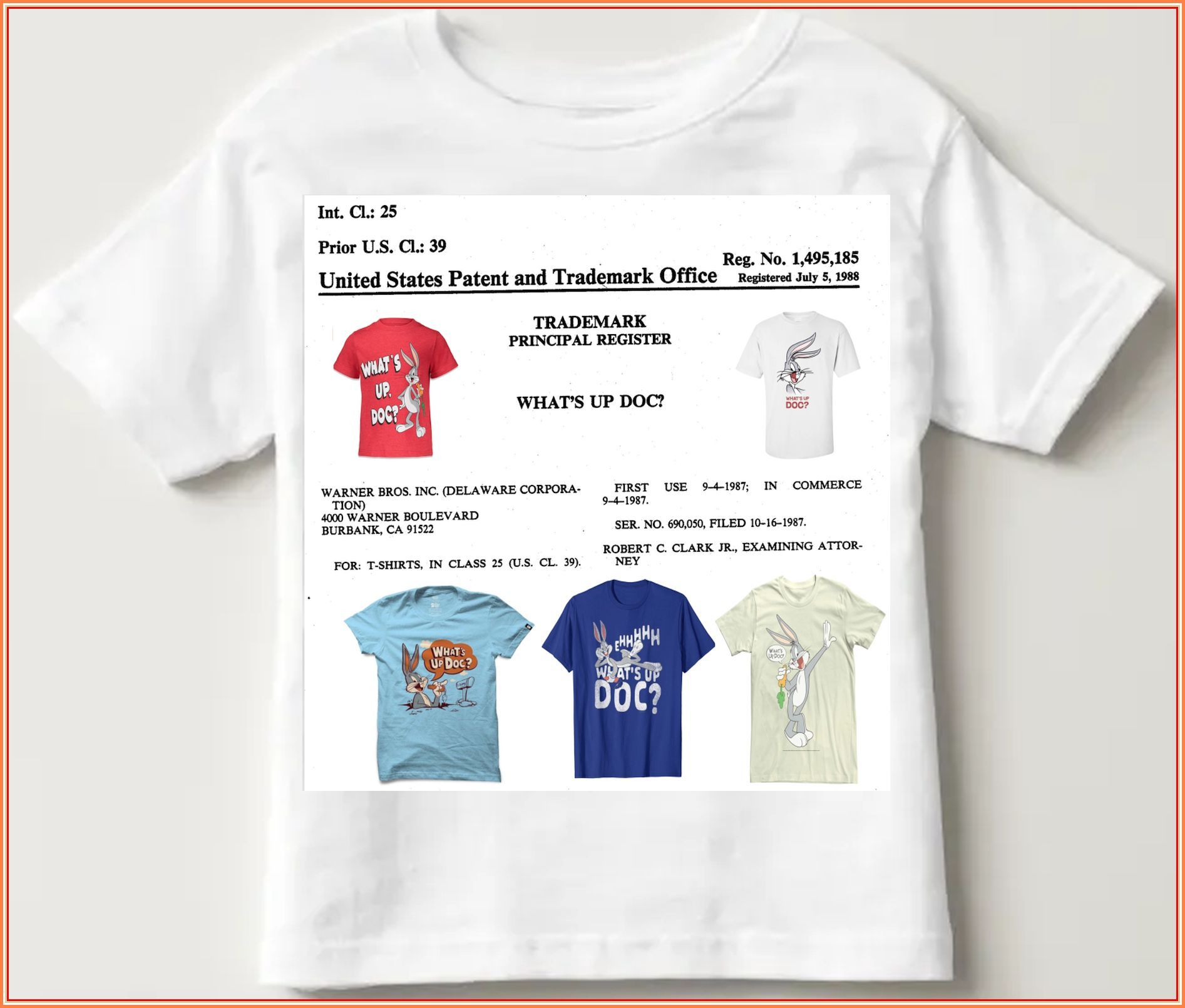 White toddler's t-shirt with a graphic that looks like a trademark application and photos of various cartoon shirts.