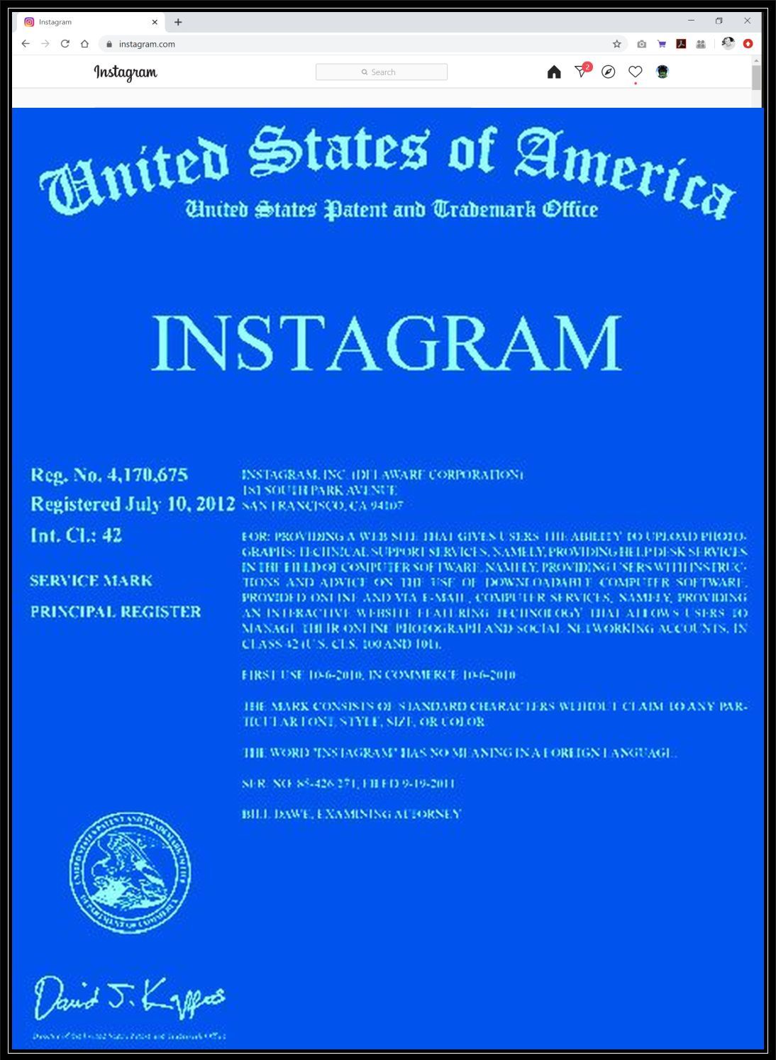 United States trademark registration for Instagram, blue background, text in white.