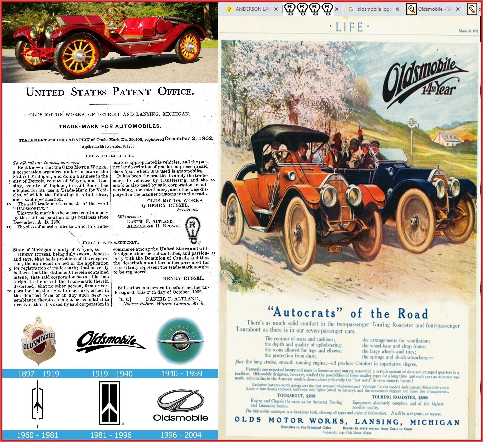Vintage Oldsmobile advertisements, patents, and logos. A red car at the top, a colorful ad with two cars, and logo timelines.