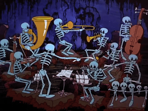 Skeleton musicians playing instruments in a spooky, purple-lit cave.