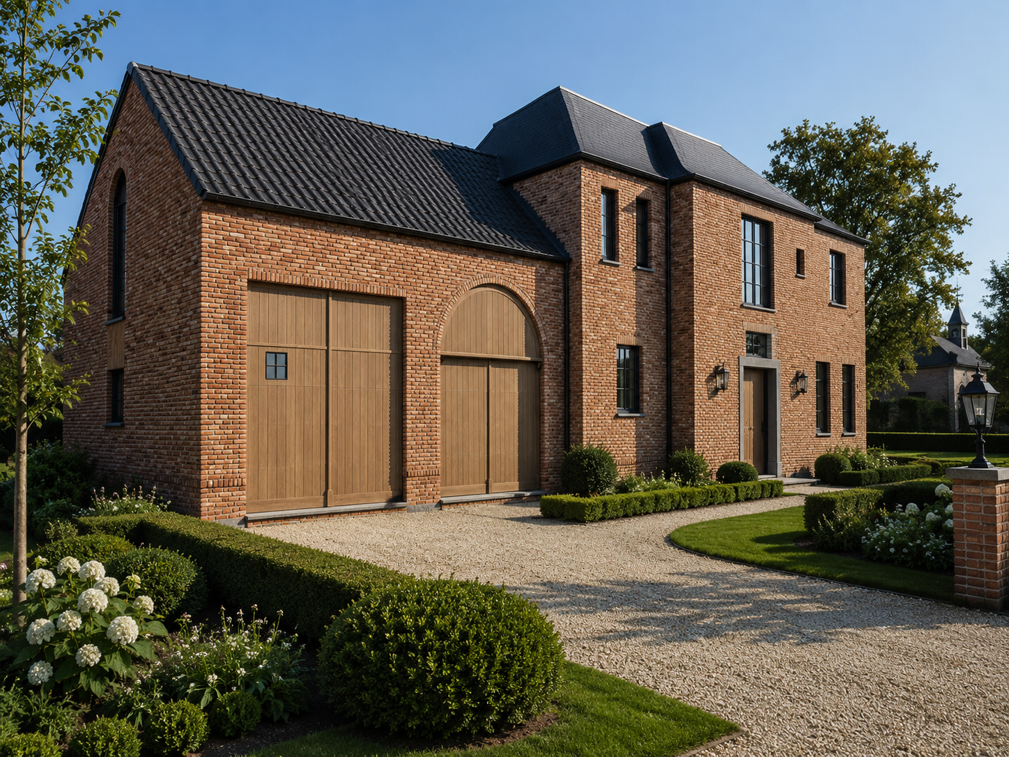 Nieuwbouw woning stijl manoir met garage, grindoprit en tuin in een zonnige achtertuin.